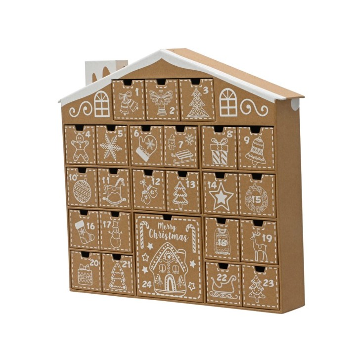 A festive cardboard advent calendar shaped like a cozy house, decorated with white illustrations.