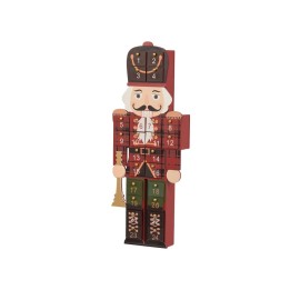 A colorful wooden nutcracker with an advent calendar design, featuring festive numbers and a chee...