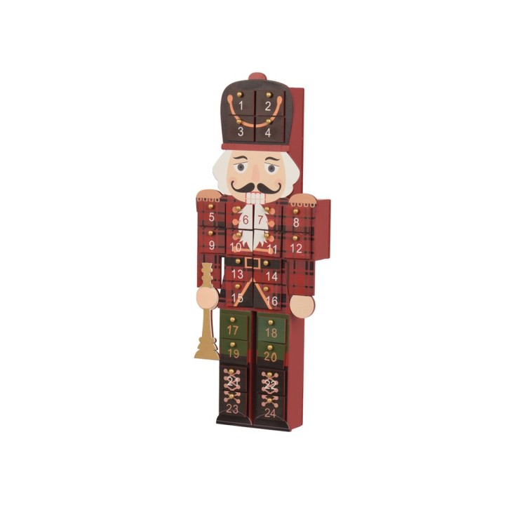 A colorful wooden nutcracker with an advent calendar design, featuring festive numbers and a chee...
