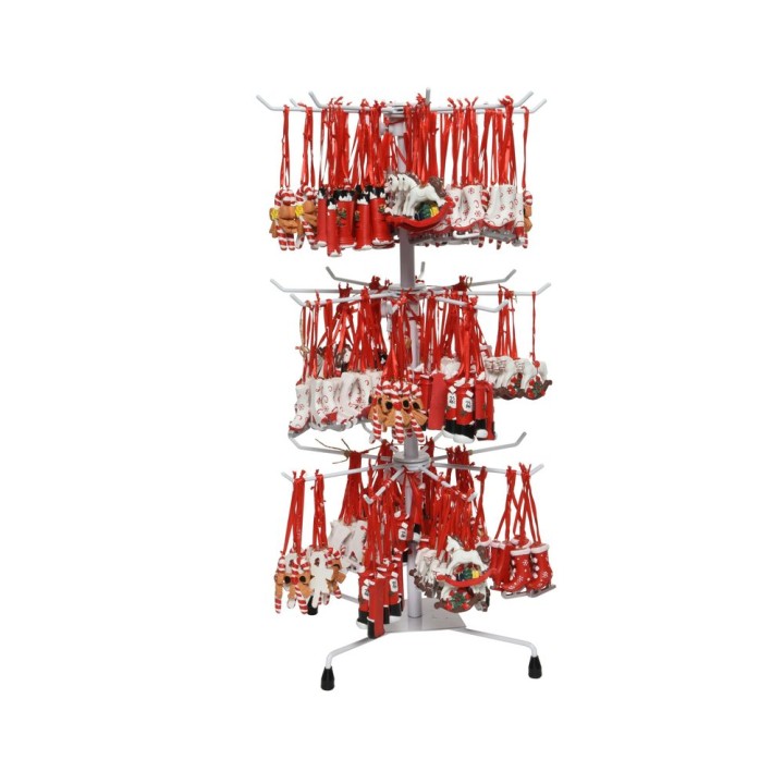 A display rack filled with festive red harnesses and accessories for pets.