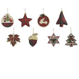 A collection of festive ornaments in red plaid and natural wood shapes.