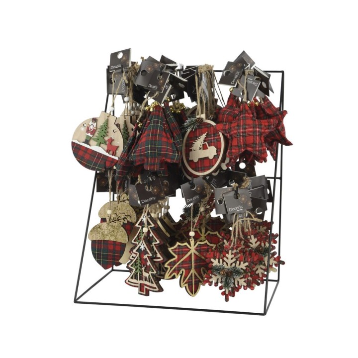 A display of festive Christmas ornaments in plaid patterns and wooden shapes.