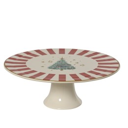 A festive cake stand with a Christmas tree design and red striped border.