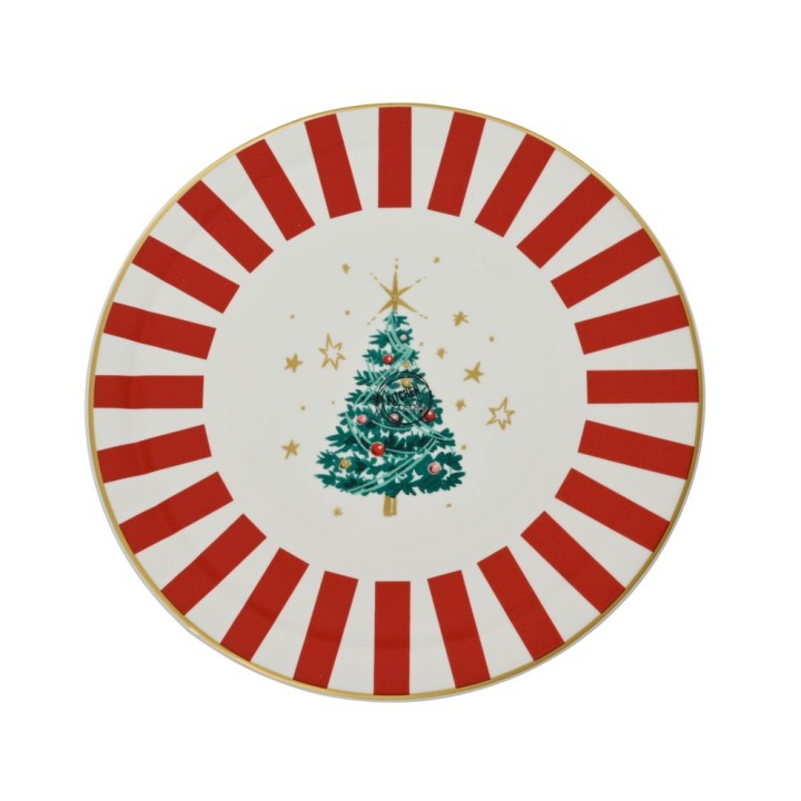 A festive plate with a green Christmas tree and red striped border, accented by gold stars.