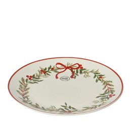 Ovaal bord met een kerstthema, versierd met takjes en bessen in groen en rood.