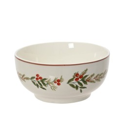 A round, white ceramic bowl adorned with red berries and green foliage designs.