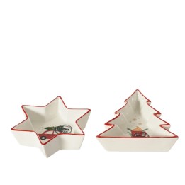 Two festive ceramic dishes shaped like a star and a Christmas tree, with red trim.