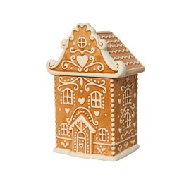 Een schattig, versierd huisje van gemberkoek, met een bruinachtige kleur en witte icing-details.