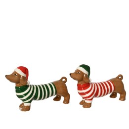 Two festive ceramic dachshunds in striped sweaters, one green and white, the other red and white,...