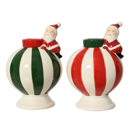 Colorful ceramic vases with Santa figures, featuring red and green striped patterns.