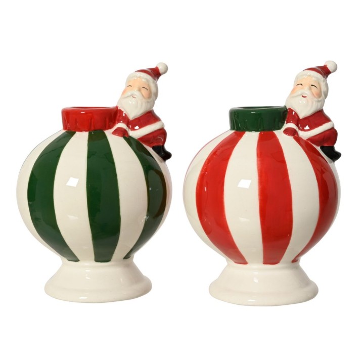 Colorful ceramic vases with Santa figures, featuring red and green striped patterns.