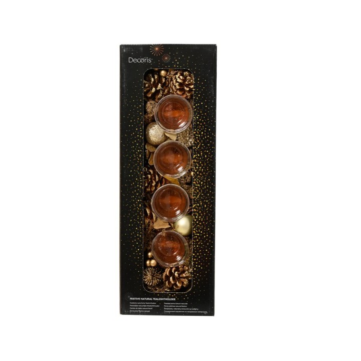 A decorative box with four amber candle holders and festive natural accents.