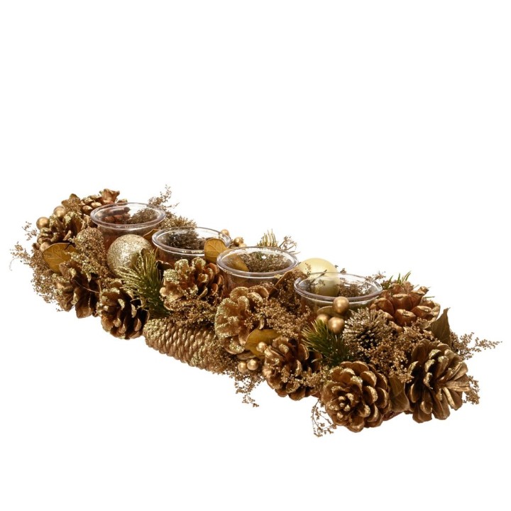 A festive centerpiece with gold accents, pinecones, and candles surrounded by delicate greenery.