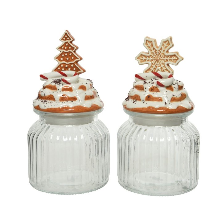 Two glass jars with festive lids resembling gingerbread treats, topped with holiday shapes.