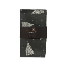 Donkergroene tafelloper met zilveren kerstboompjes en sterretjes. Elegant en feestelijk.