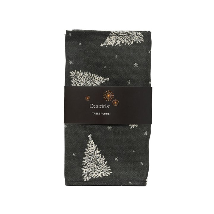Donkergroene tafelloper met zilveren kerstboompjes en sterretjes. Elegant en feestelijk.