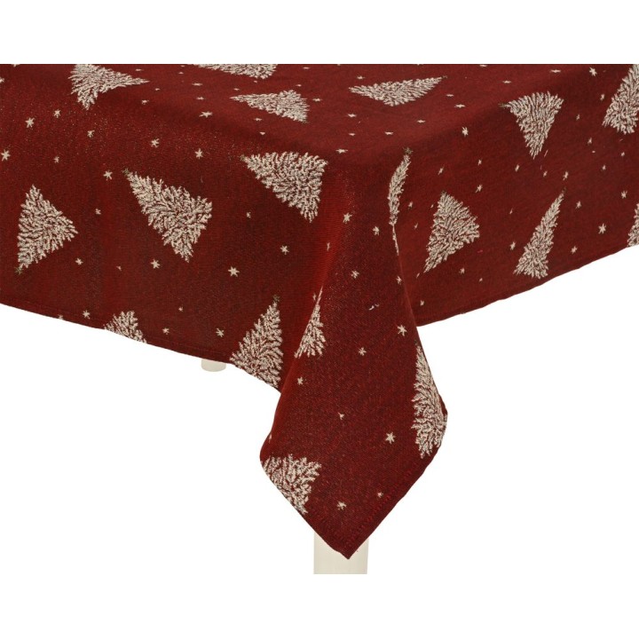 A rich red tablecloth adorned with white Christmas trees and stars.