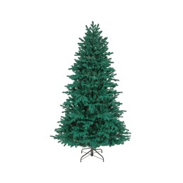 A tall, lush green artificial Christmas tree with a sturdy metal base.