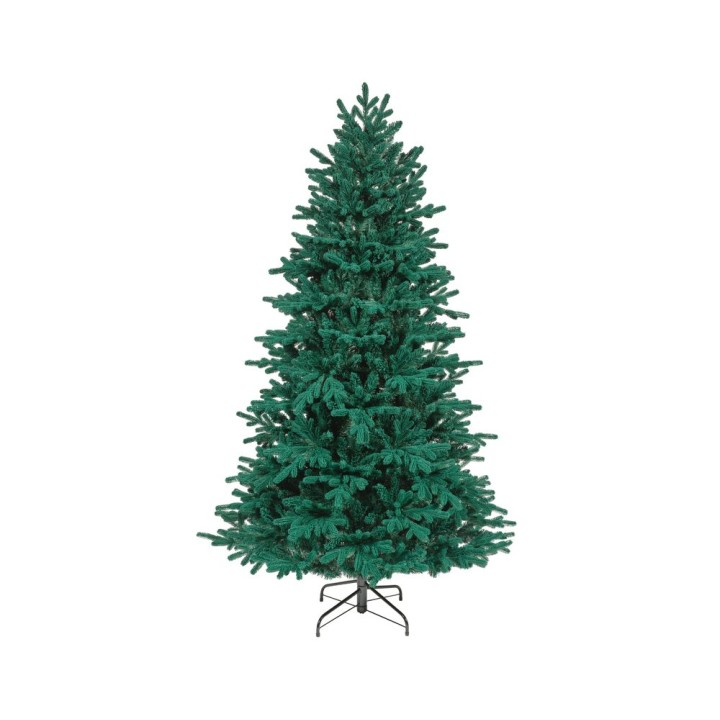 Een groene kunstkerstboom in een klassieke conische vorm, op een metalen standaard.