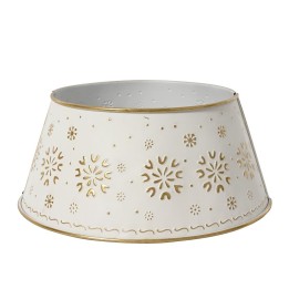 Witte schaal met gouden decoraties van sneeuwvlokken en een elegante rand.