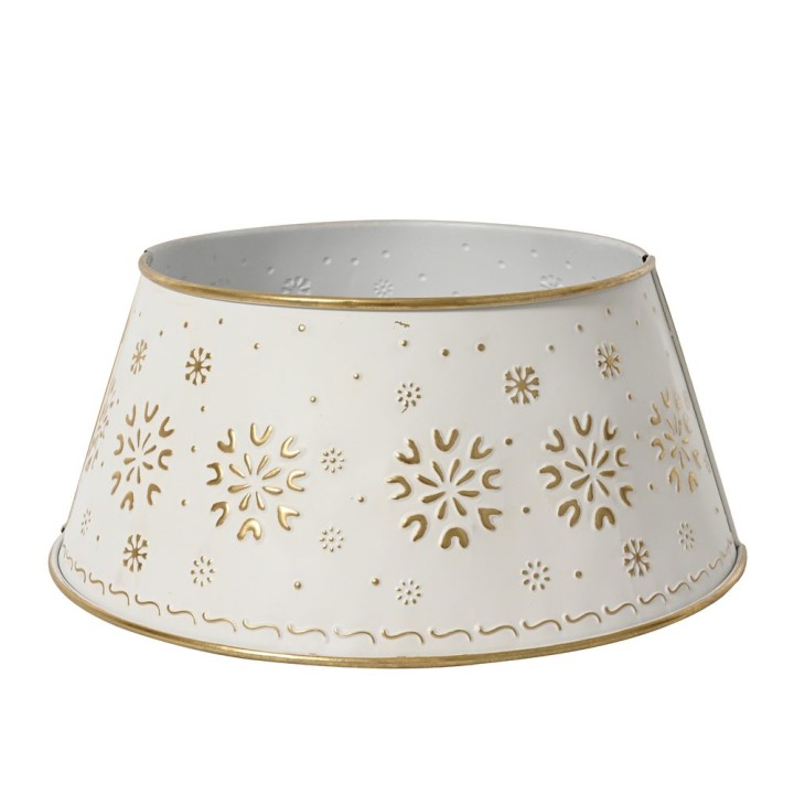 Witte schaal met gouden decoraties van sneeuwvlokken en een elegante rand.