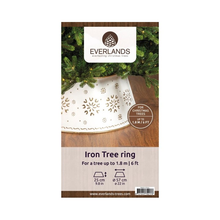 Witte metalen boomring met decoratieve uitsparingen, geschikt voor kerstbomen tot 1,8 m.