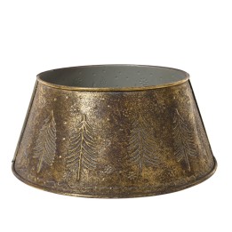 Goudkleurige metalen schaal met bomenpatroon, rustieke uitstraling en matte afwerking.