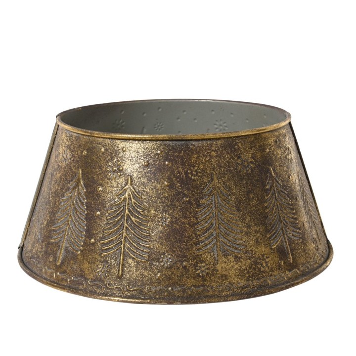 Goudkleurige metalen schaal met bomenpatroon, rustieke uitstraling en matte afwerking.