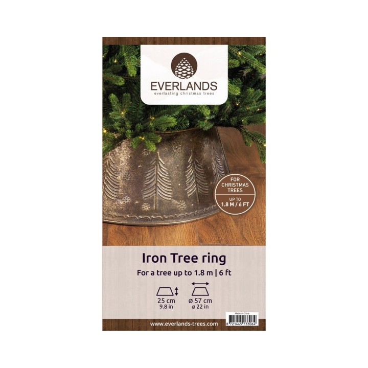 A decorative iron tree ring with a rustic design, perfect for supporting Christmas trees.