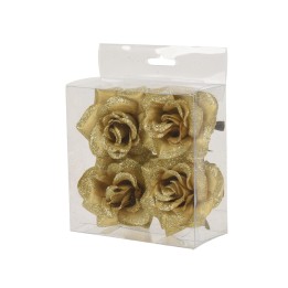 A clear box containing four glittery gold roses with intricate petal details.