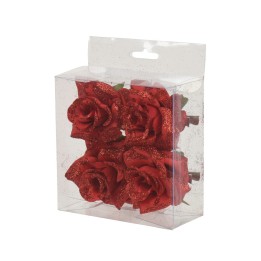 A clear box containing four sparkling red roses with green leaves.