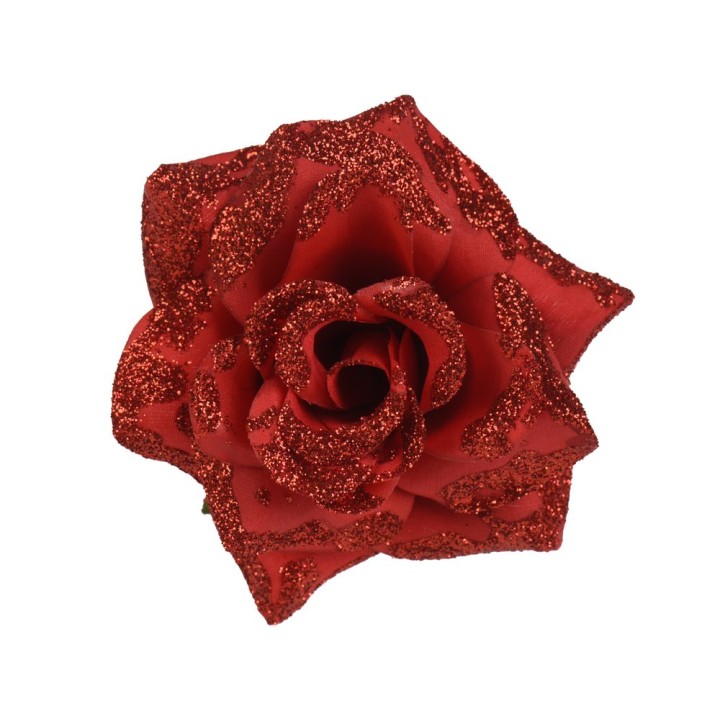 A sparkling red rose adorned with glitter, showcasing elegant petals and rich texture.
