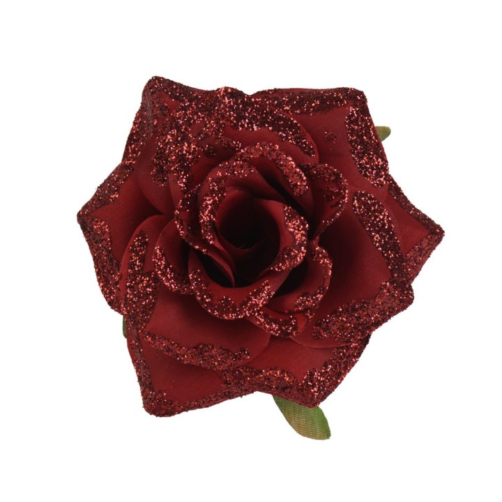 A deep red rose embellished with glittery edges, exuding elegance and charm.