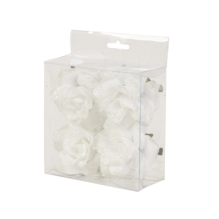 Zes witte rozen met glitters in een doorzichtige verpakking.