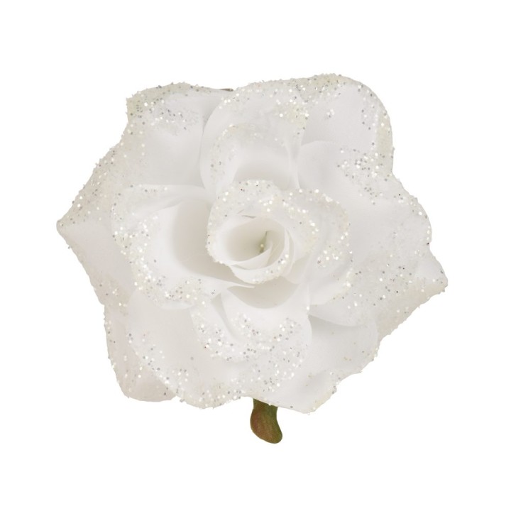 A shimmering white rose with sparkly edges, exuding elegance and delicacy.
