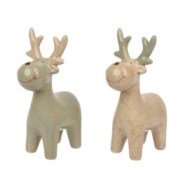 Two ceramic reindeer figurines, one light blue and the other cream, both with antlers and smiles.