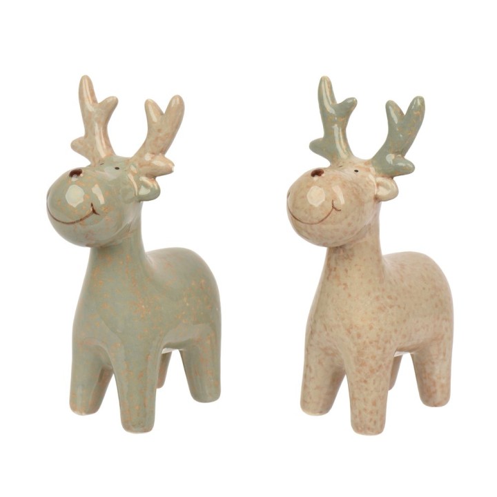 Two ceramic reindeer figurines, one light blue and the other cream, both with antlers and smiles.