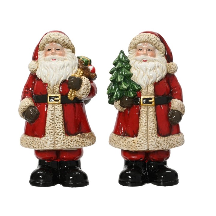 Two cheerful Santa figurines in red coats, one holding a tree and the other a sack of gifts.