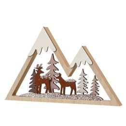Houten diorama met bergen, dennenbomen en twee hertjes, afgewerkt met witte en bruine tinten.