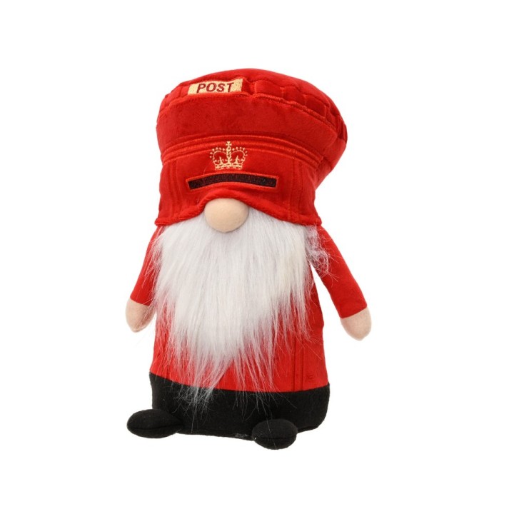Een schattige knuffel met een rode outfit, witte baard en een hoed met 'POST'.