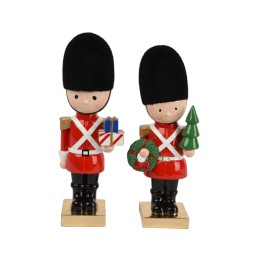 Two cheerful wooden toy soldiers in red uniforms, one holding a gift and the other a tree.