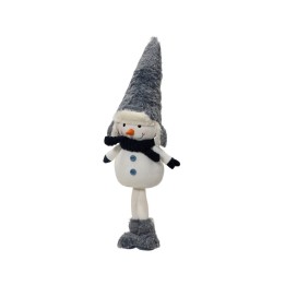 Schattige sneeuwman met een hoge grijze hoed, zwarte sjaal en blauwe knopen.