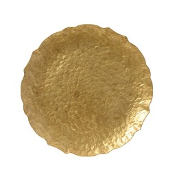 Gouden ronde schaal met een golvende rand en een gestructureerd oppervlak.
