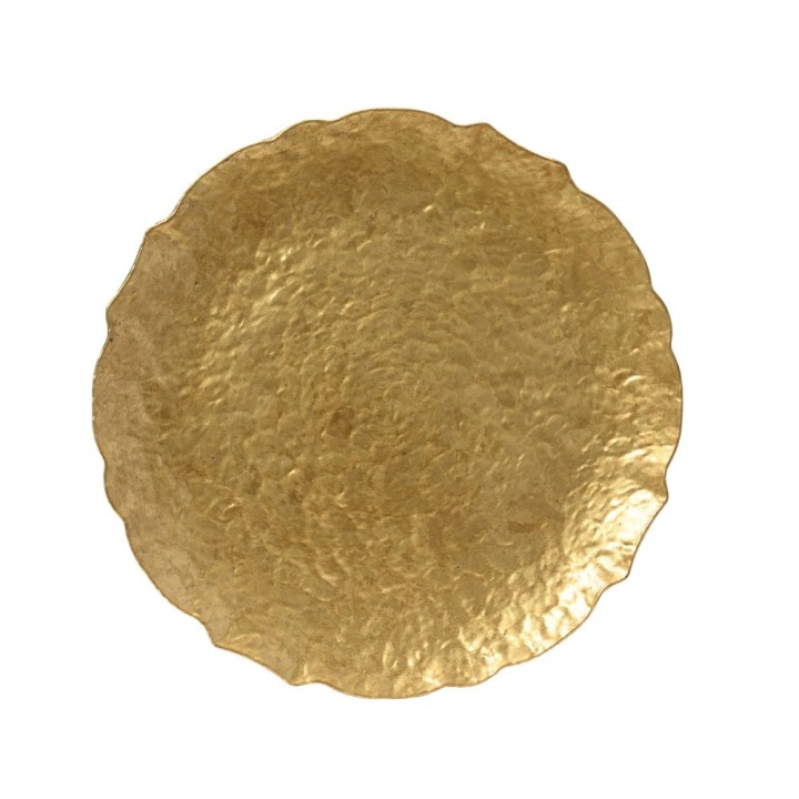 A round, textured gold plate with a wavy edge, reflecting light beautifully.