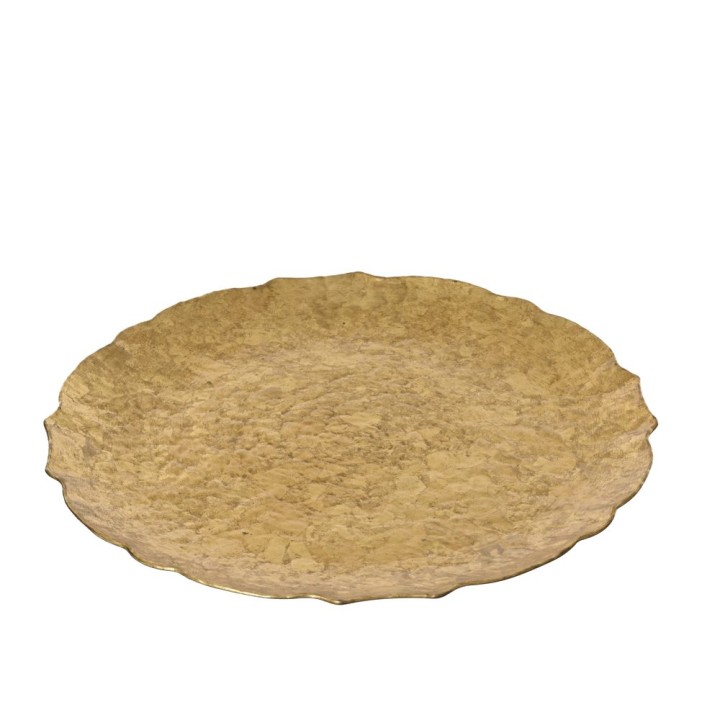 A round, textured gold plate with a scalloped edge, reflecting light elegantly.