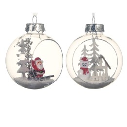 Two clear glass ornaments with festive scenes: one features Santa, the other a snowman and trees.