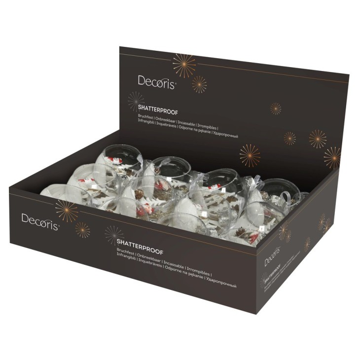 A display box of shatterproof glass ornaments, featuring festive white and red designs.