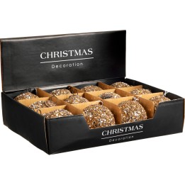 A box containing twelve glittery gold and silver Christmas ornaments.