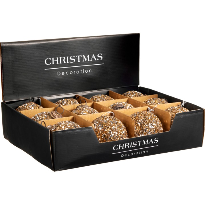 Een zwarte doos met twaalf glinsterende kerstballen in goud- en bruintinten.