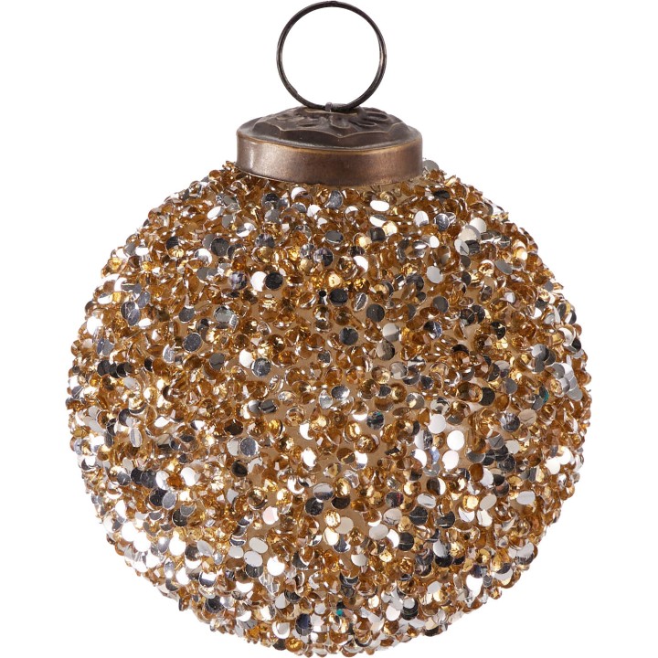 Gouden kerstbal bedekt met glinsterende, ronde pailletten en een metalen ophangring.